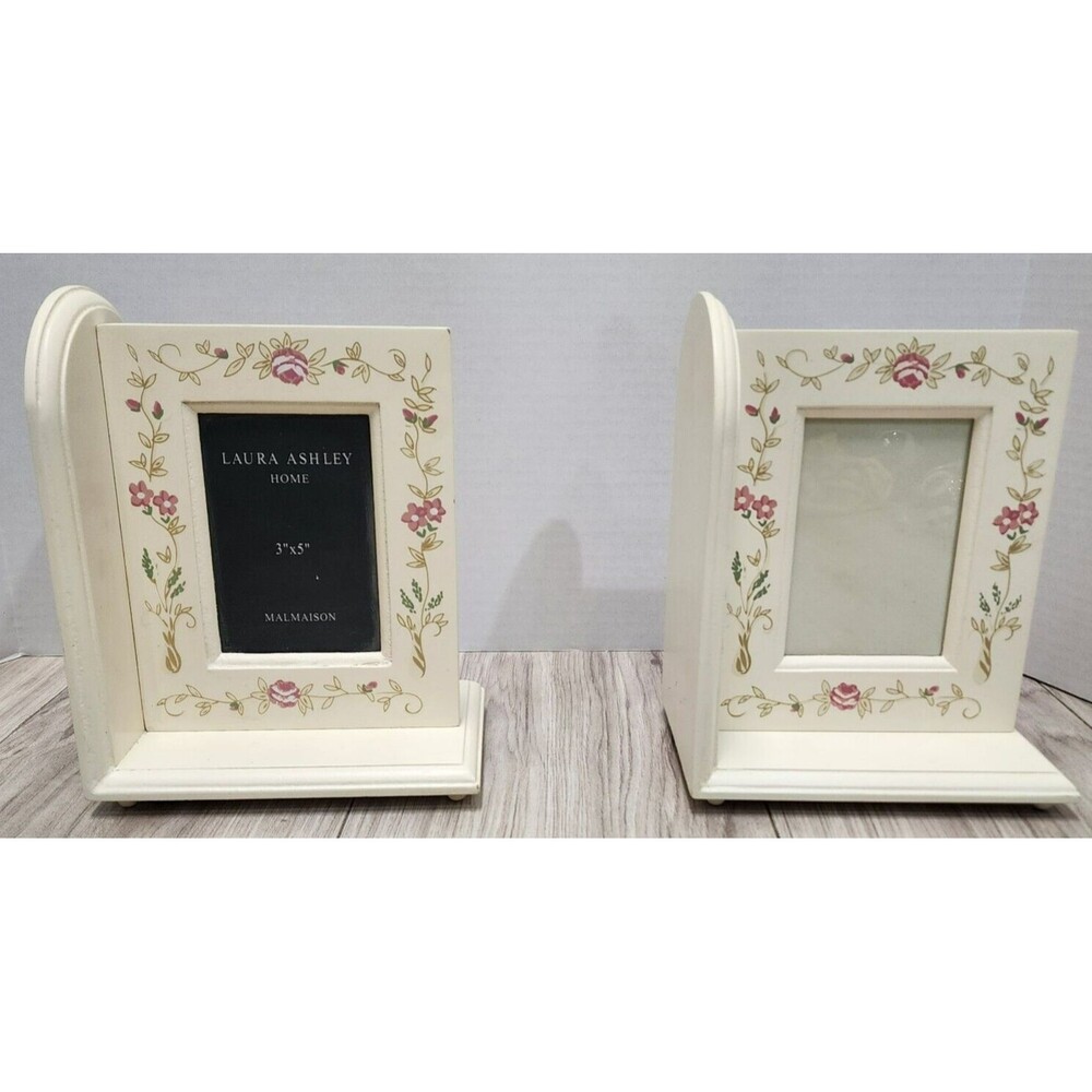 Laura Ashley Bookend Frame Holds 3 x 5 photo Ivory with Flowers Cottage Set of 2